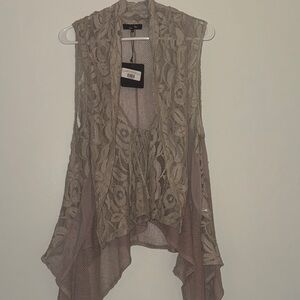 Sky Lace Open-Front Draped Vest in Taupe